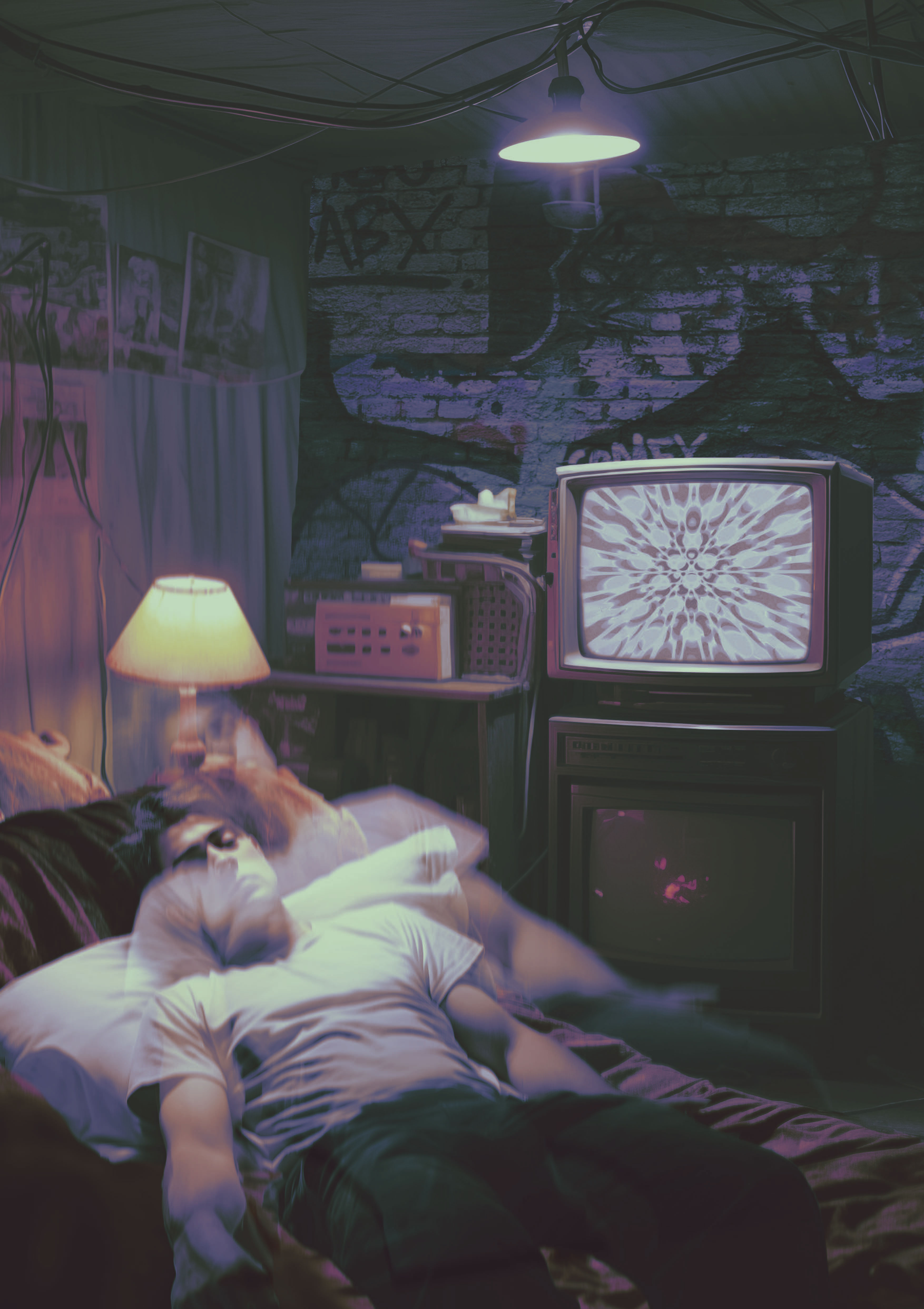 Bedroom scene — acrylic painting of figure watching static TV in dim room, photoshop collage