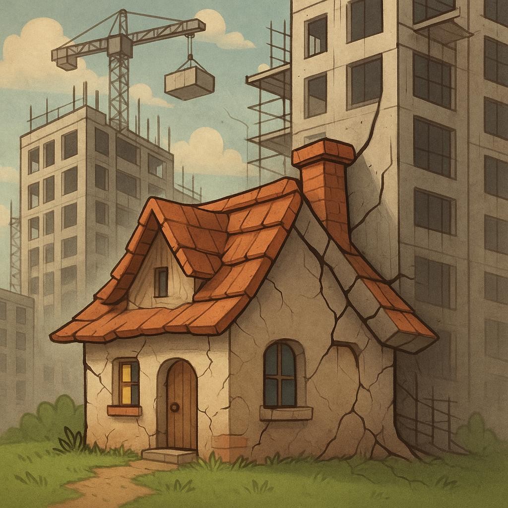 A charming, small, cozy cottage in a green field, initially looking idyllic. However, visible around it are signs of rapid, unplanned construction: new, larger buildings are being hastily erected around and over the cottage, overwhelming it. Some parts of the cottage appear to be cracking or straining under the pressure of the surrounding growth. This digital illustration, slightly whimsical but with a clear narrative of strain, visually conveys the metaphor of a small, basic LMS being outgrown and stressed by the rapid, unprepared expansion of a small business into a larger enterprise, leading to inefficiencies and challenges.