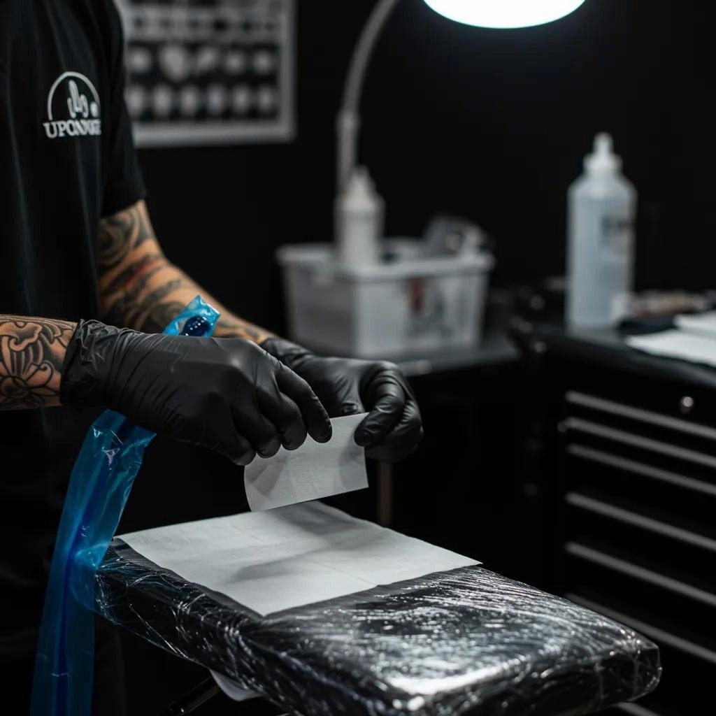 A Grand Avenue Tattoo artist meticulously prepares a sterile workspace with sanitized equipment, ensuring utmost safety and cleanliness for all walk-in clients.