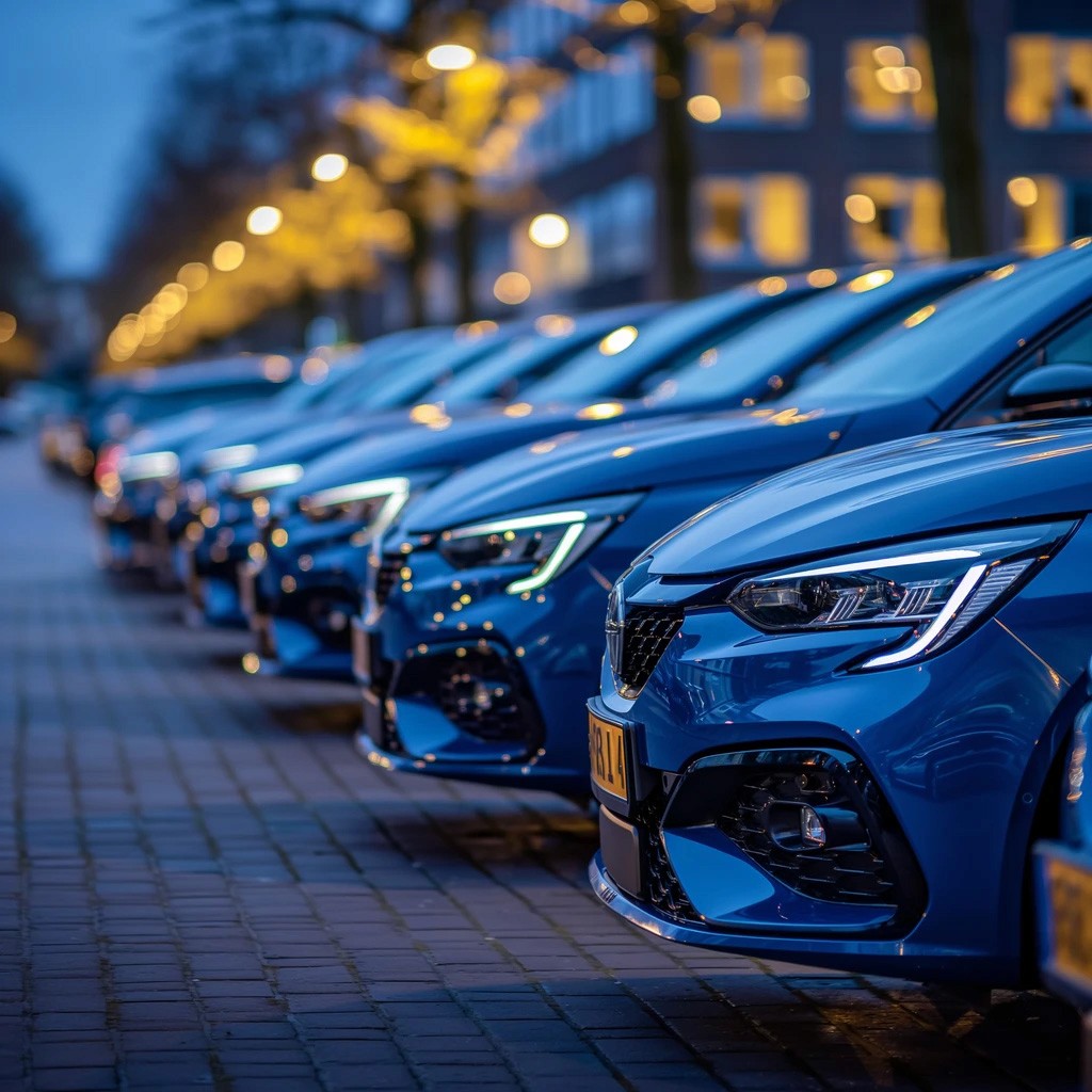 Een rij blauwe auto's welke buiten staan en waarvan je alleen een zijaanzicht van de voorkant ziet