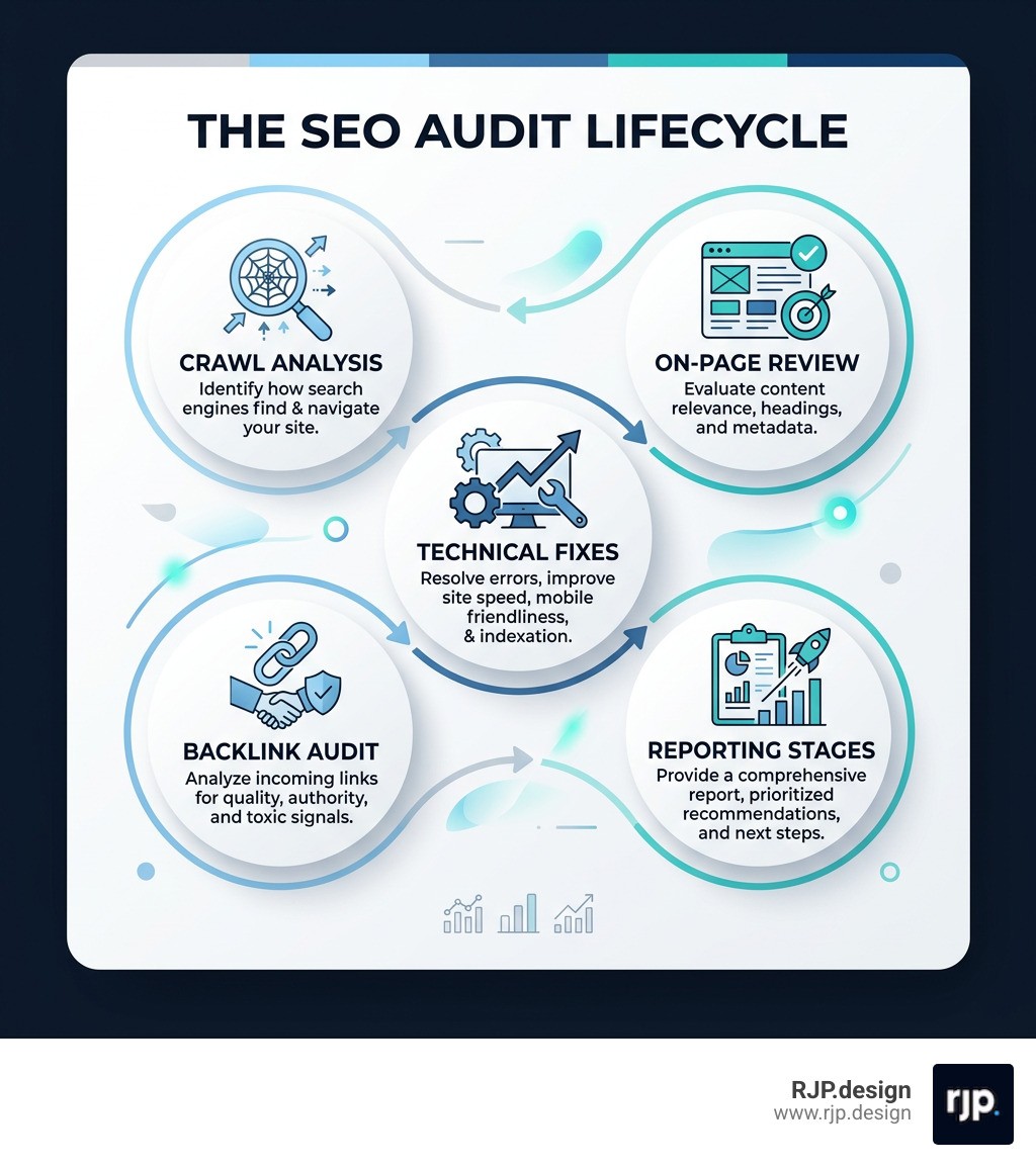 SEO audit lifecycle infographic showing crawl analysis, on-page review, technical fixes, backlink audit, and reporting