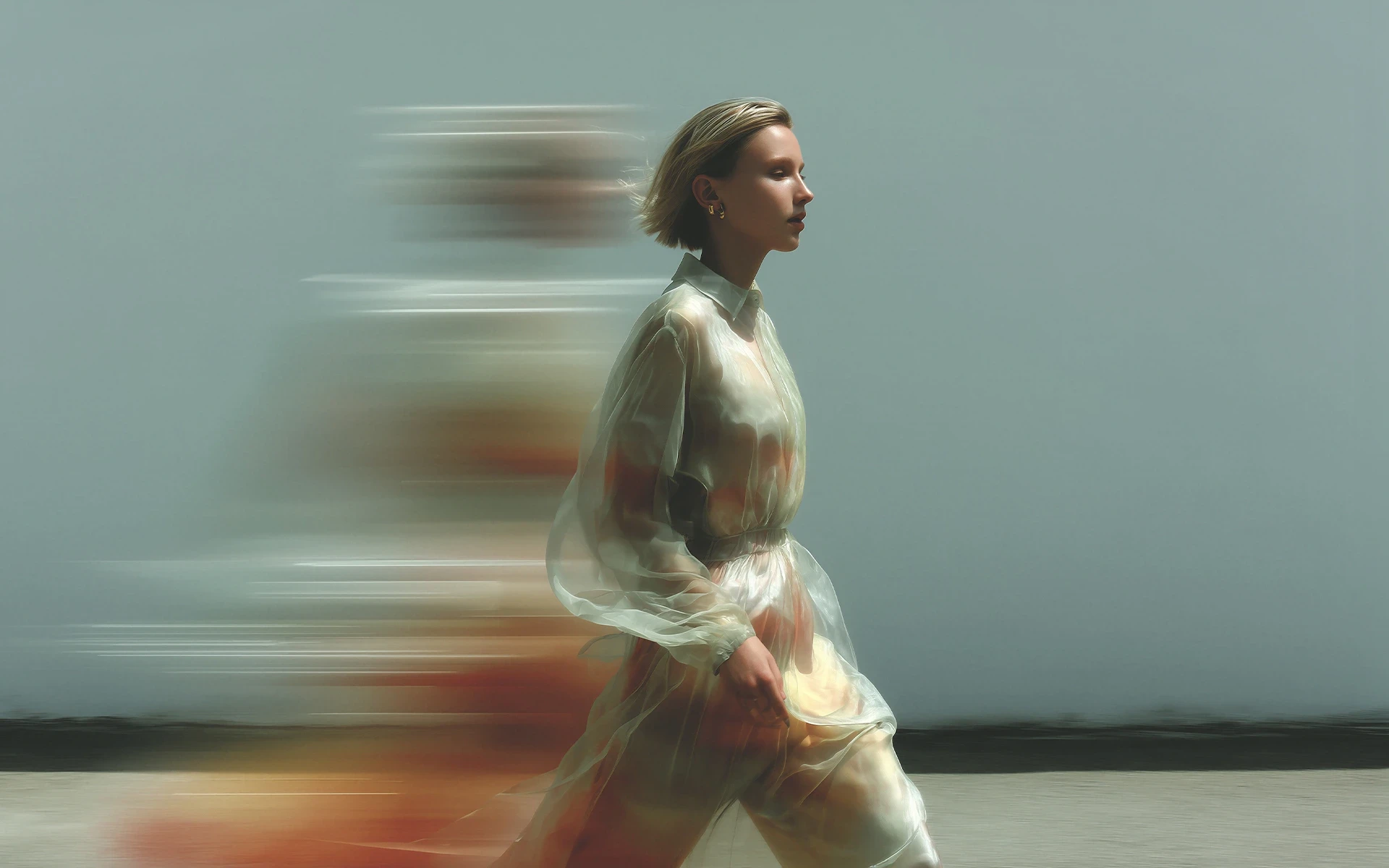 A stylish woman in a semi-transparent dress walks with motion blur, creating a dynamic visual effect.