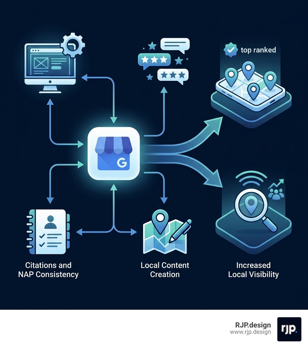 infographic showing the local seo ecosystem with google business profile at the center, connected to website optimization, citations and NAP consistency, online reviews, and local content creation, with arrows pointing to improved map pack rankings and increased local visibility - Local SEO best practices infographic
