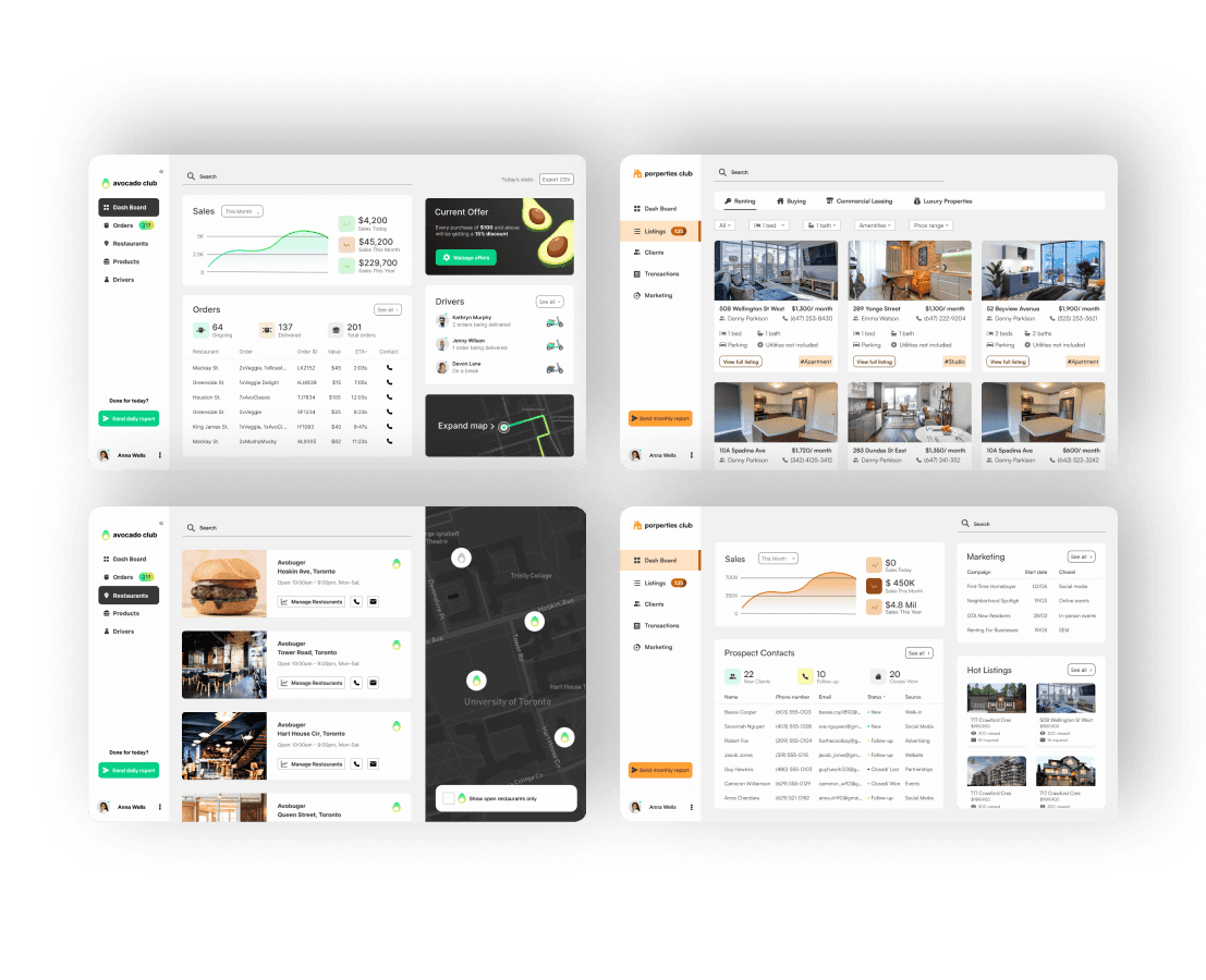A collection of high-fidelity desktop and mobile UI mockups showcasing a cross-industry SaaS dashboard. The layouts include a dark-themed delivery tracking map with live driver locations, a restaurant management dashboard displaying sales analytics and hot orders, a clean property listings matrix for real estate agents with high-quality interior images, and a comprehensive CRM client communications pipeline