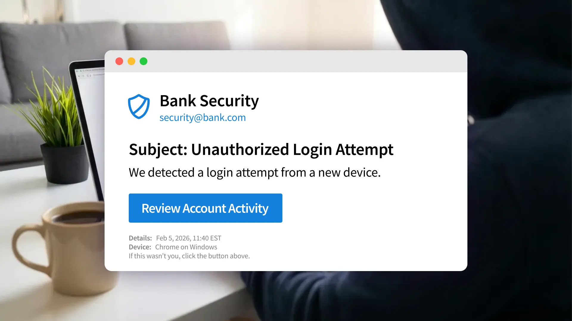 A visual example of an AI-assisted phishing email used in cybercrime. The email shows a fake security alert regarding an unauthorized login from Moscow, RU, with a malicious 'Click Here' link to create a sense of urgency.