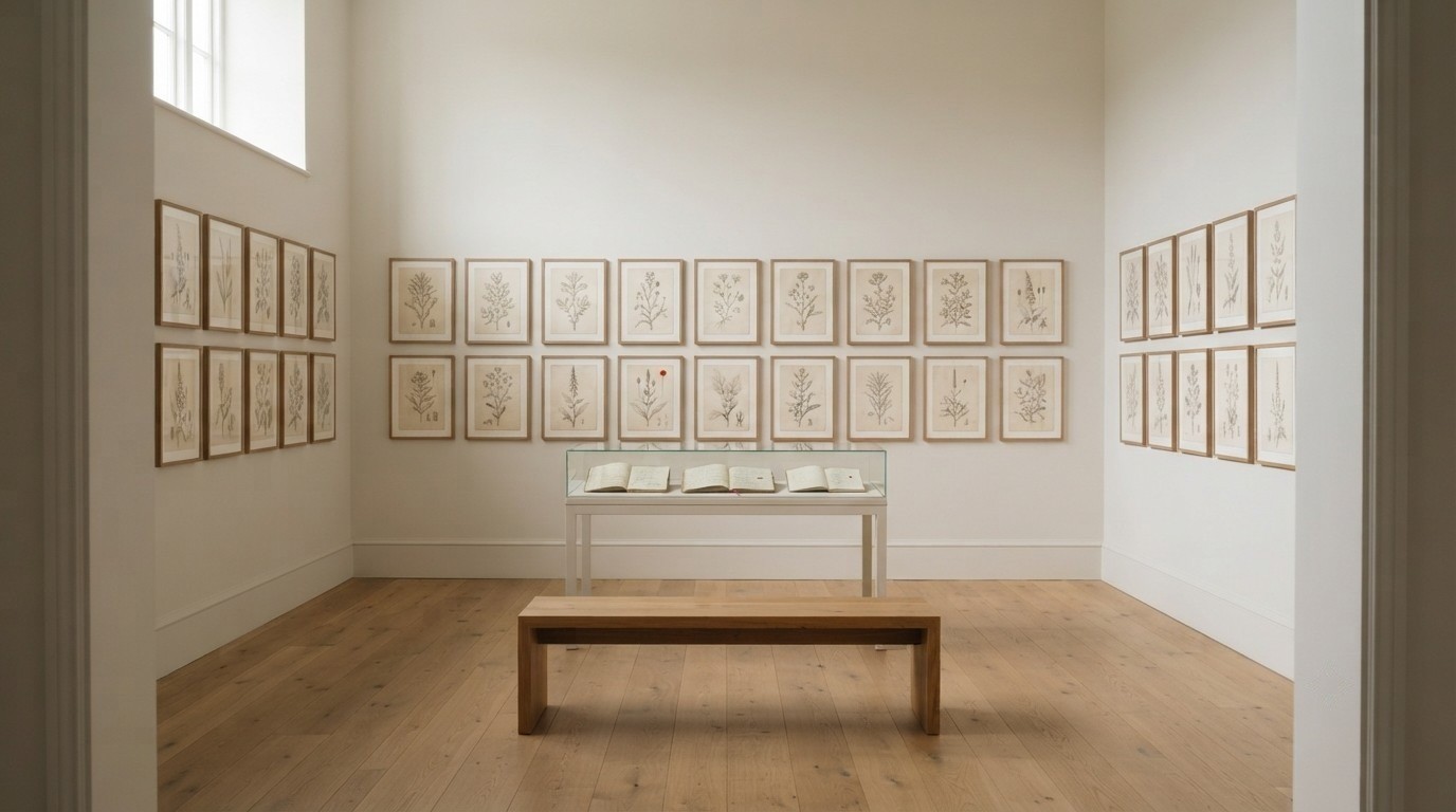 Installation view of Ink Garden: rows of framed botanical drawings and a notebook vitrine