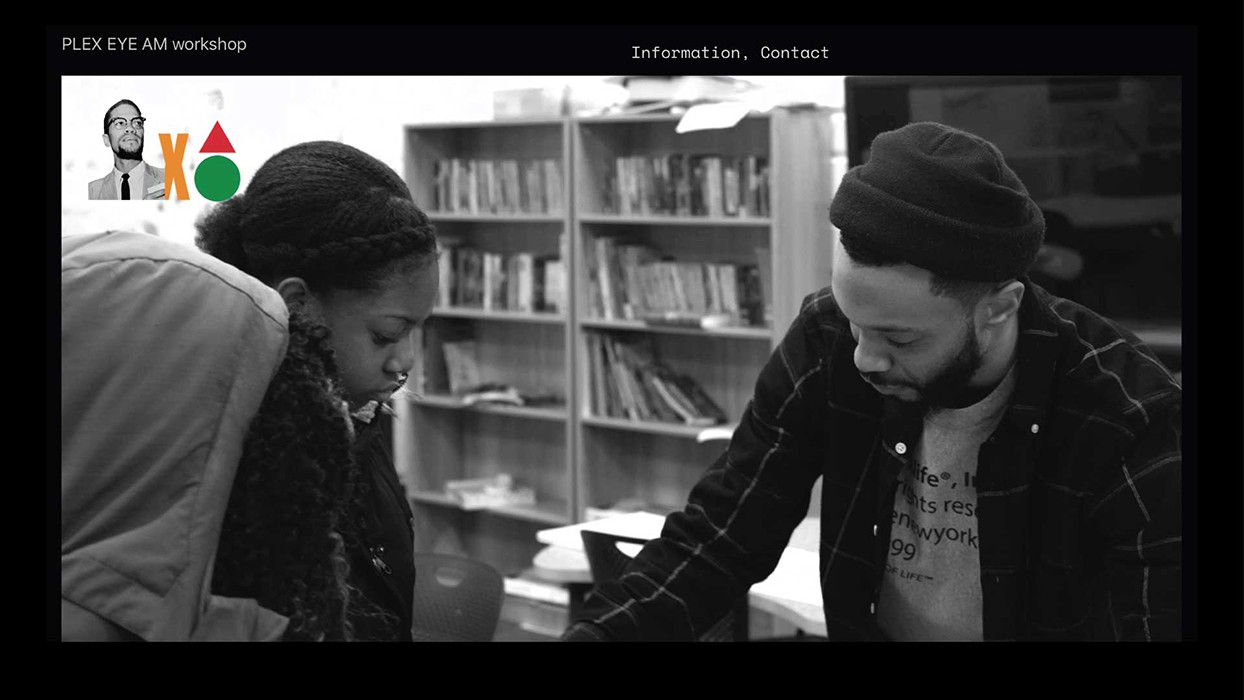 A black and white image shows a man and a woman leaning in close. The woman has long curly hair and is wearing a light-colored jacket. The man is wearing a dark beanie and a dark plaid shirt over a light-colored t-shirt. They appear to be looking at something together. Behind them is a bookshelf filled with books, and a logo featuring a stylized “X” appears in the top left corner. The image includes text in the top left corner that reads “PLEX EYE AM workshop”. In the top right corner, contact information including “Information, Contact” is visible.