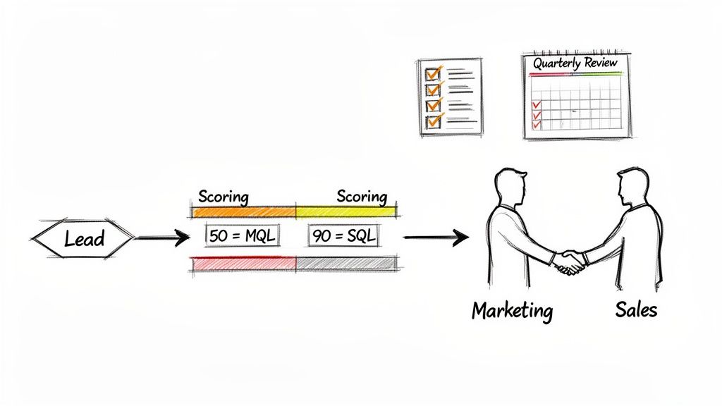 Flowchart illustrating lead scoring, from lead generation to MQL and SQL, and the collaboration between marketing and sales.