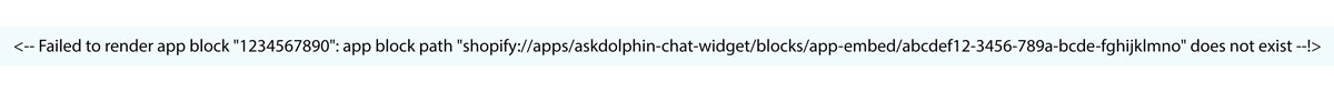 Shopify error message showing “Failed to render app block” indicating a missing or invalid AskDolphin app embed path.