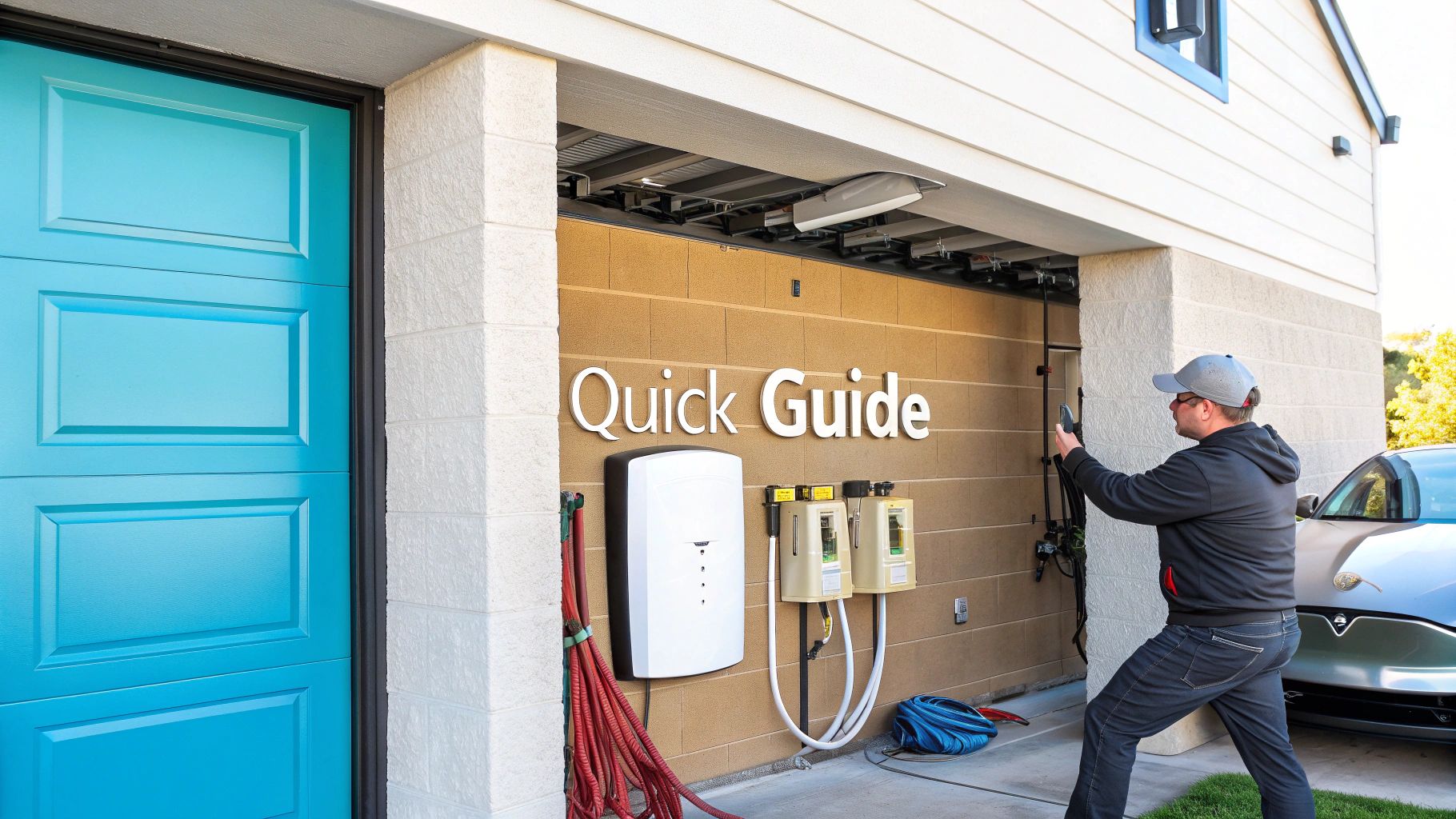 a man taking a picture of a tesla wall charger and mounted text reading 'quick guide' on a wood backdrop