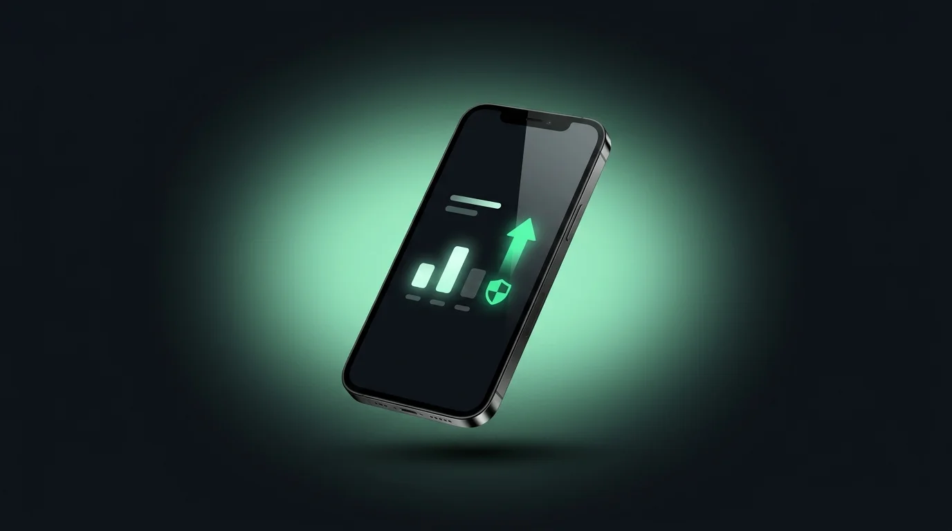 Smartphone showing an analytics dashboard with a glowing green upward arrow and shield, symbolizing recovered ad budget