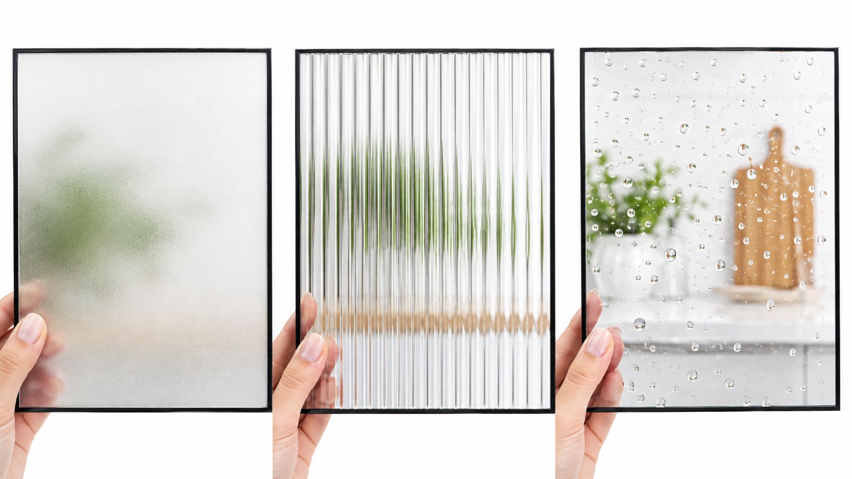 A hand holding three different types of textured glass panels for kitchen glass doors and windows.