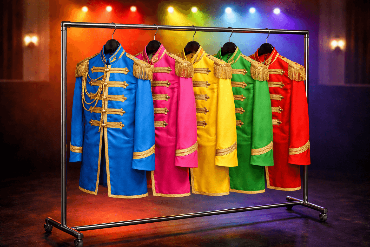 5 colorful military style jackets hanging on a rack