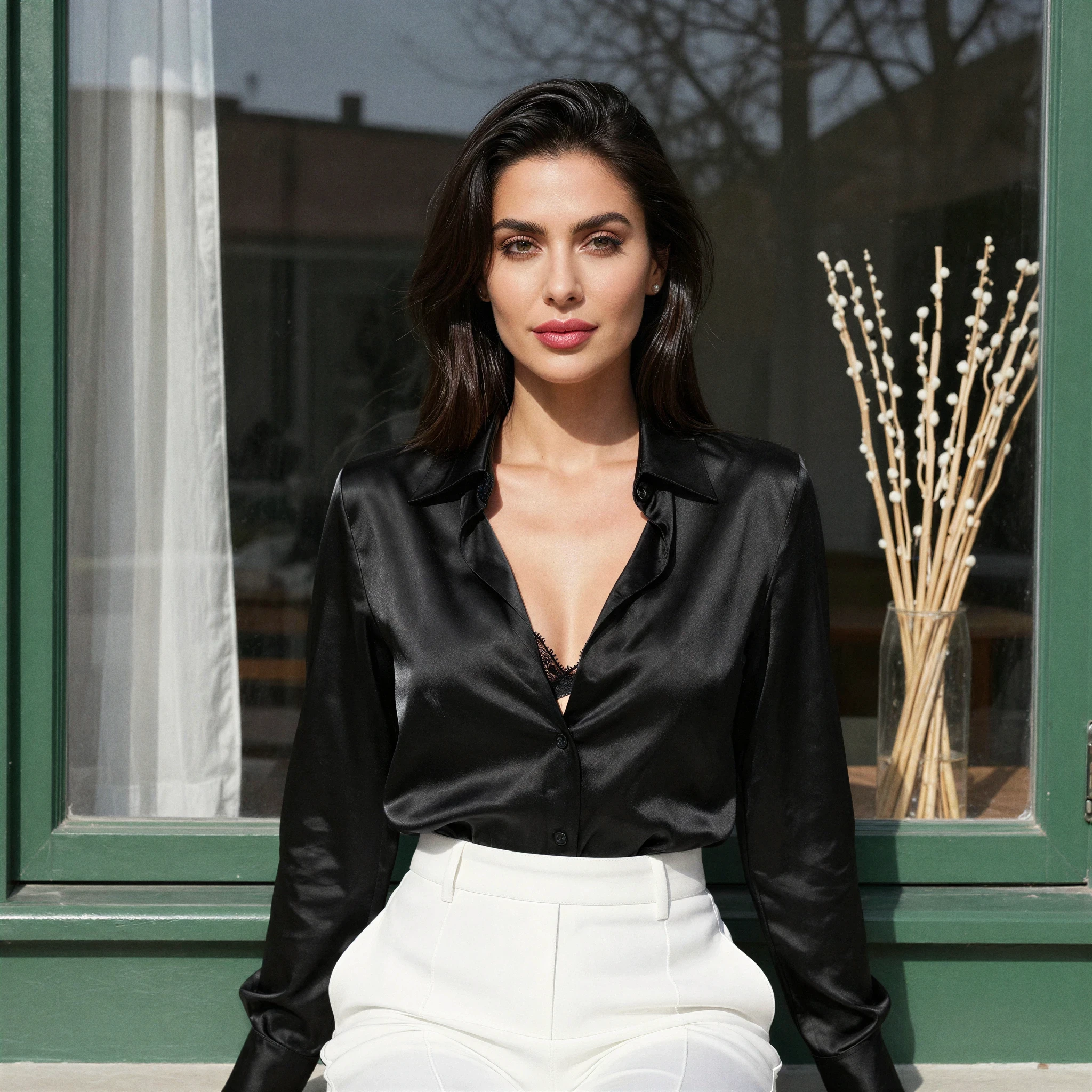 Woman in a black satin shirt with a lace bra visible underneath.