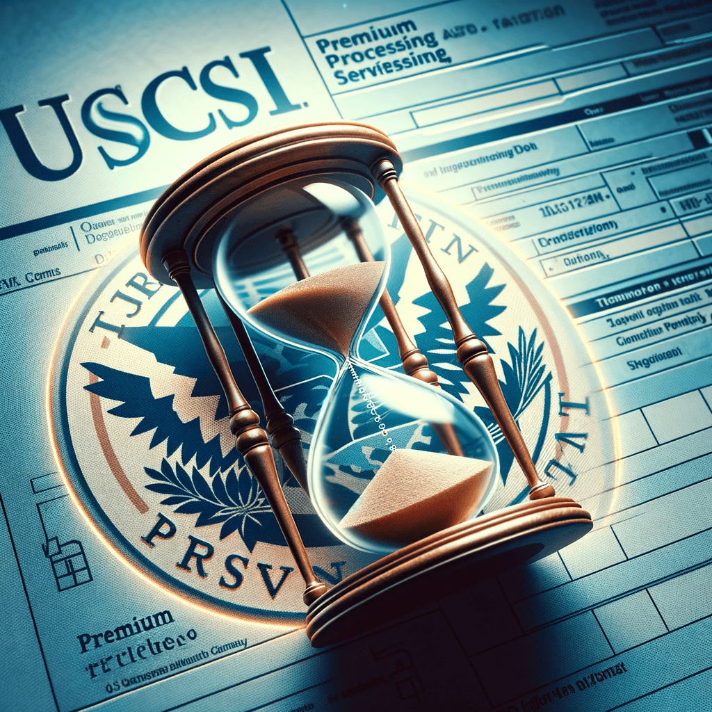 A clock or hourglass merged with a USCIS application form, depicting the quick processing time of the USCIS Premium Processing service.