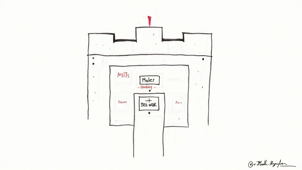 A hand-drawn castle-like diagram illustrating a 'DEL WORK' process with 'Maker' and other steps.
