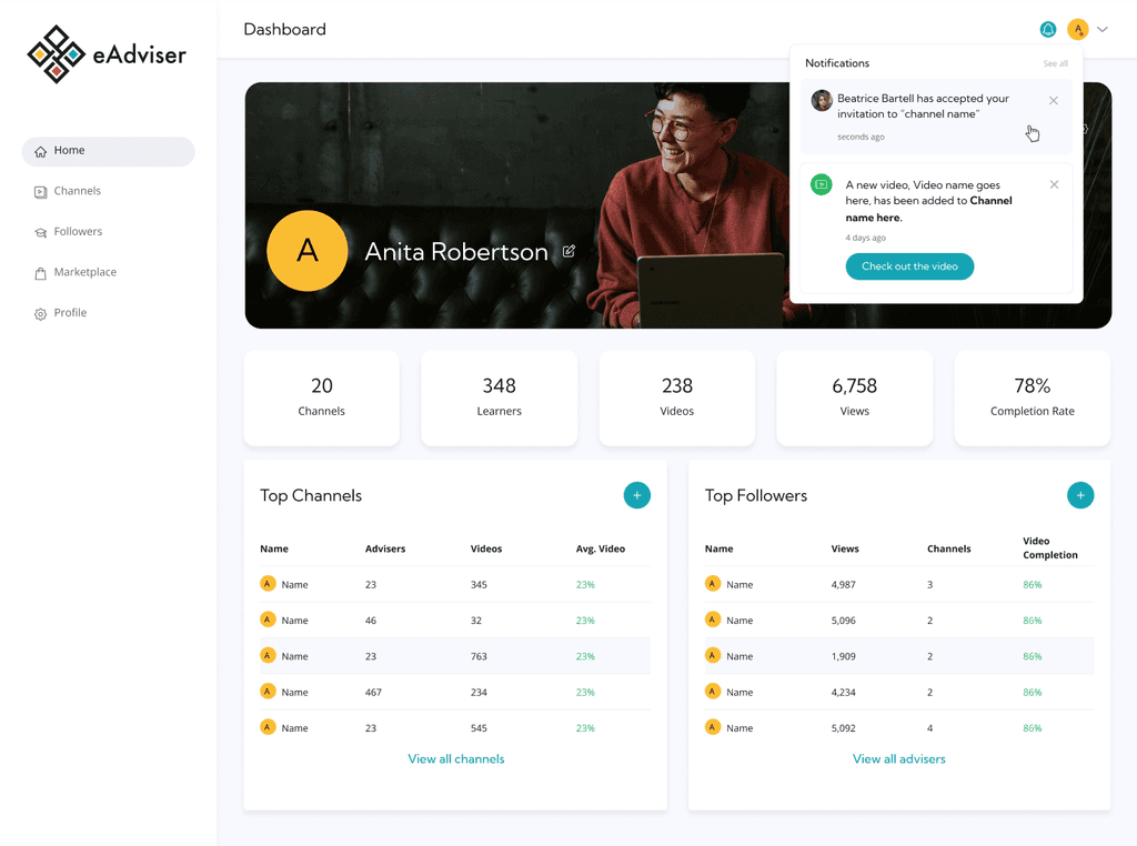 eadviser home dashboard for webapp