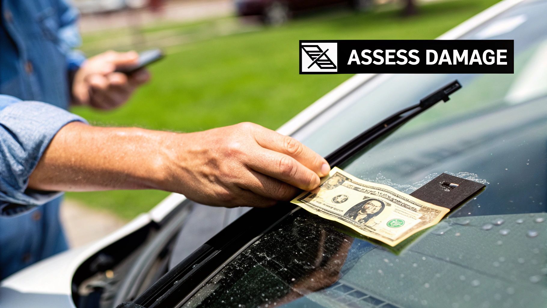 A close-up of a cracked car windshield with the sun glaring through it.