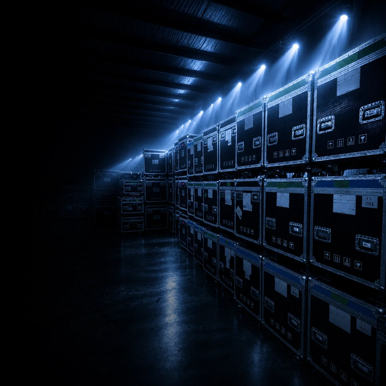 Warehouse aisle of flight cases for touring concert lighting equipment, UpLight Technologies, Nashville
