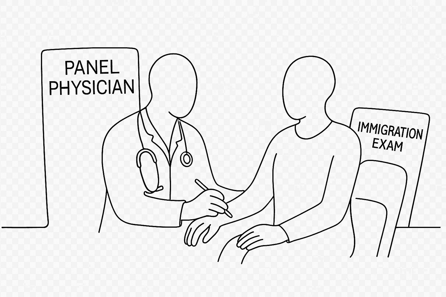 A continuous line drawing of a panel physician performing an immigration medical exam for a refugee claimant, depicted in a clean, gender-neutral outline style