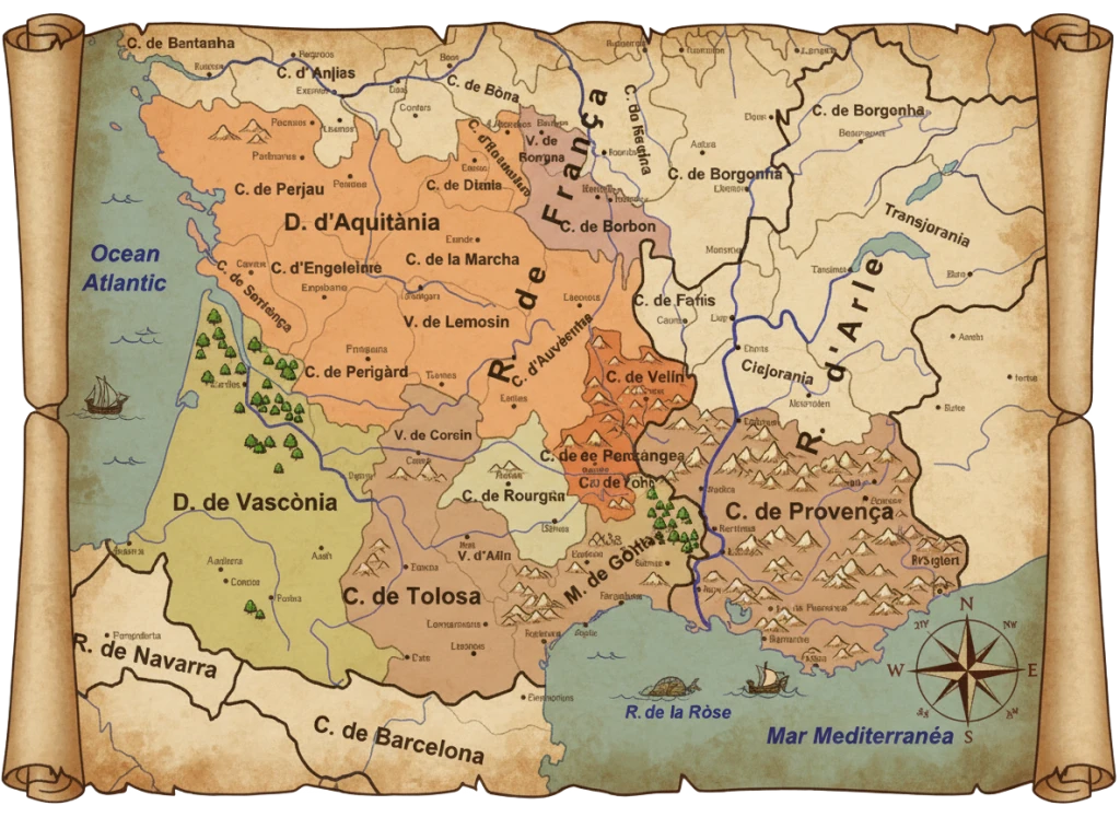 Carte en dessin de l'Occitanie médiévale
