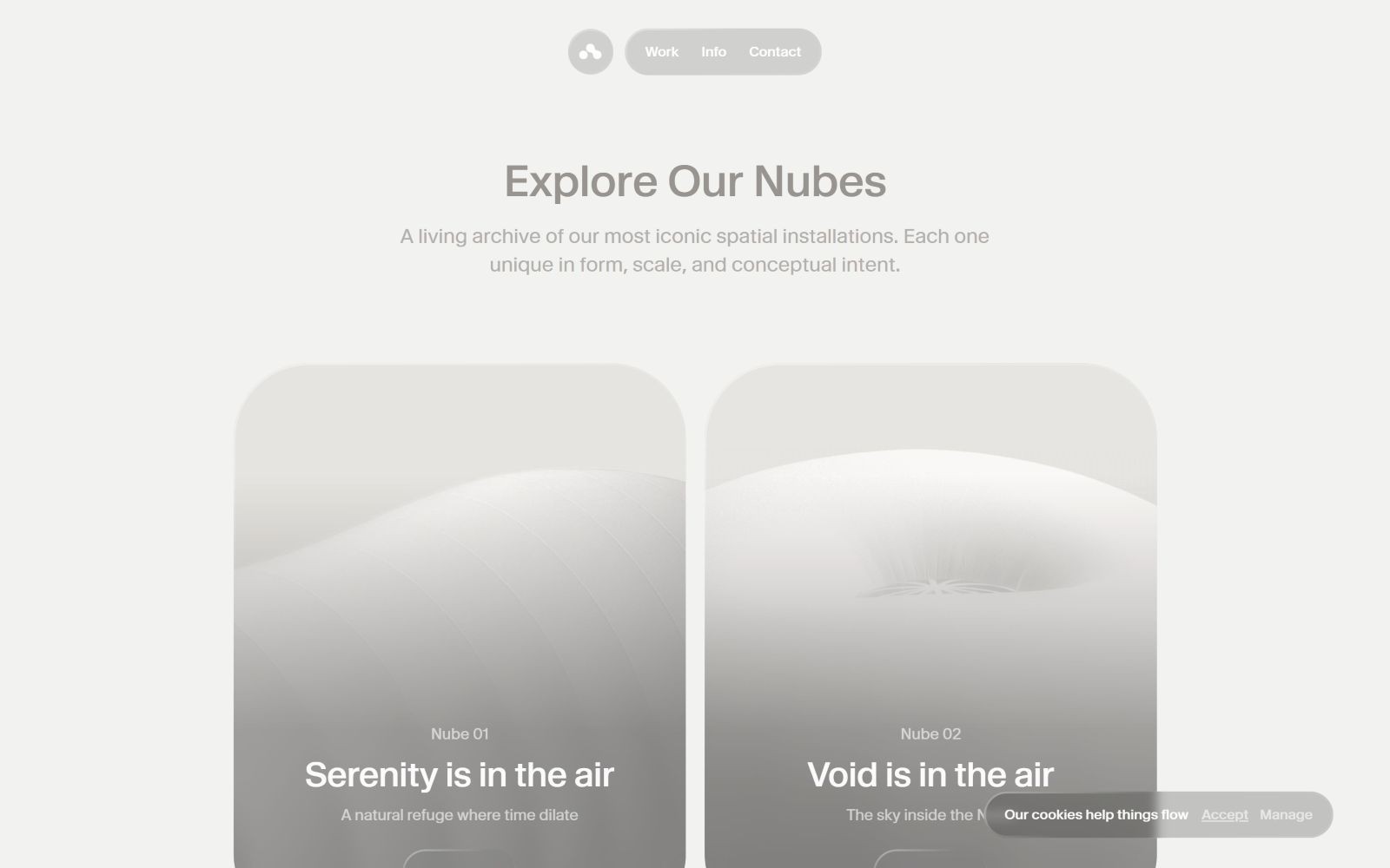 Monochrome website showcasing cloud-themed installation images labeled "Serenity is in the air" and "Void is in the air.