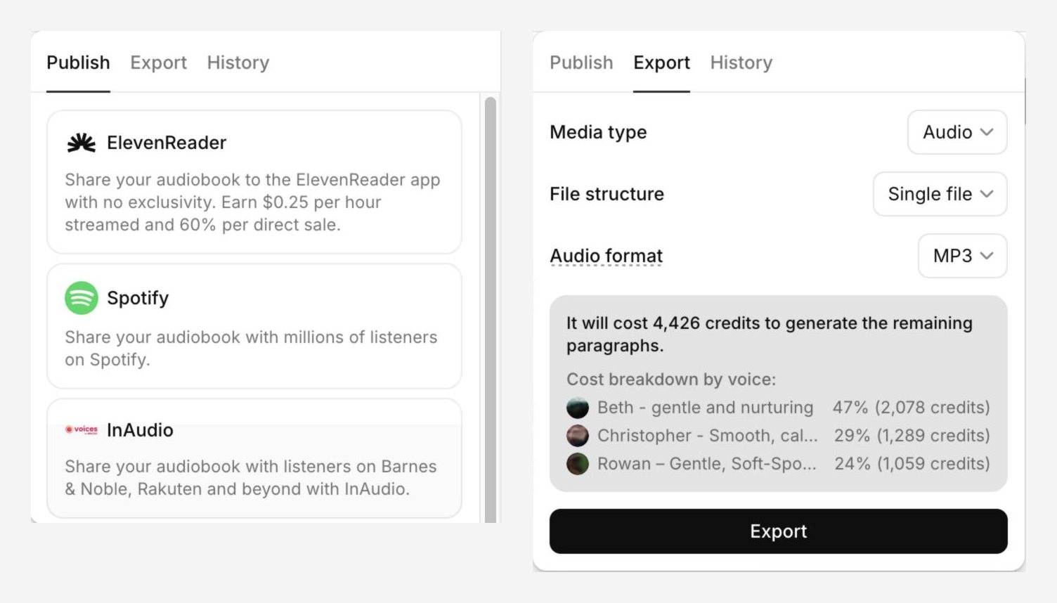 ElevenLabs Publish tab with ElevenReader, Spotify and InAudio, next to the Export tab with media type, file structure, audio format and a credit estimate