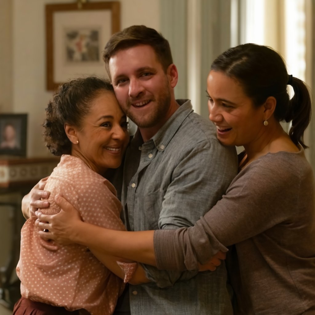 A joyful family embracing, symbolizing relief and happiness, with a blurred background of an immigration-related legal document, representing successful navigation through the I-601A waiver process.