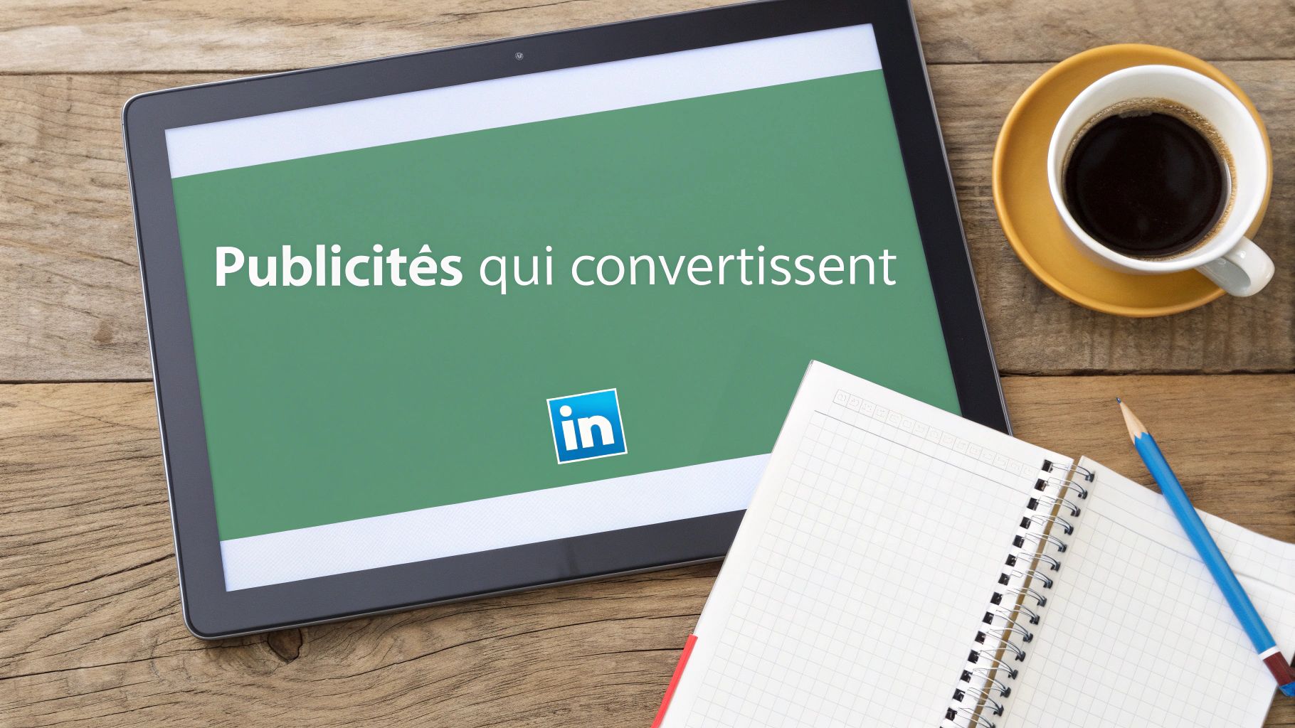 Une tablette sur une table en bois affiche 
