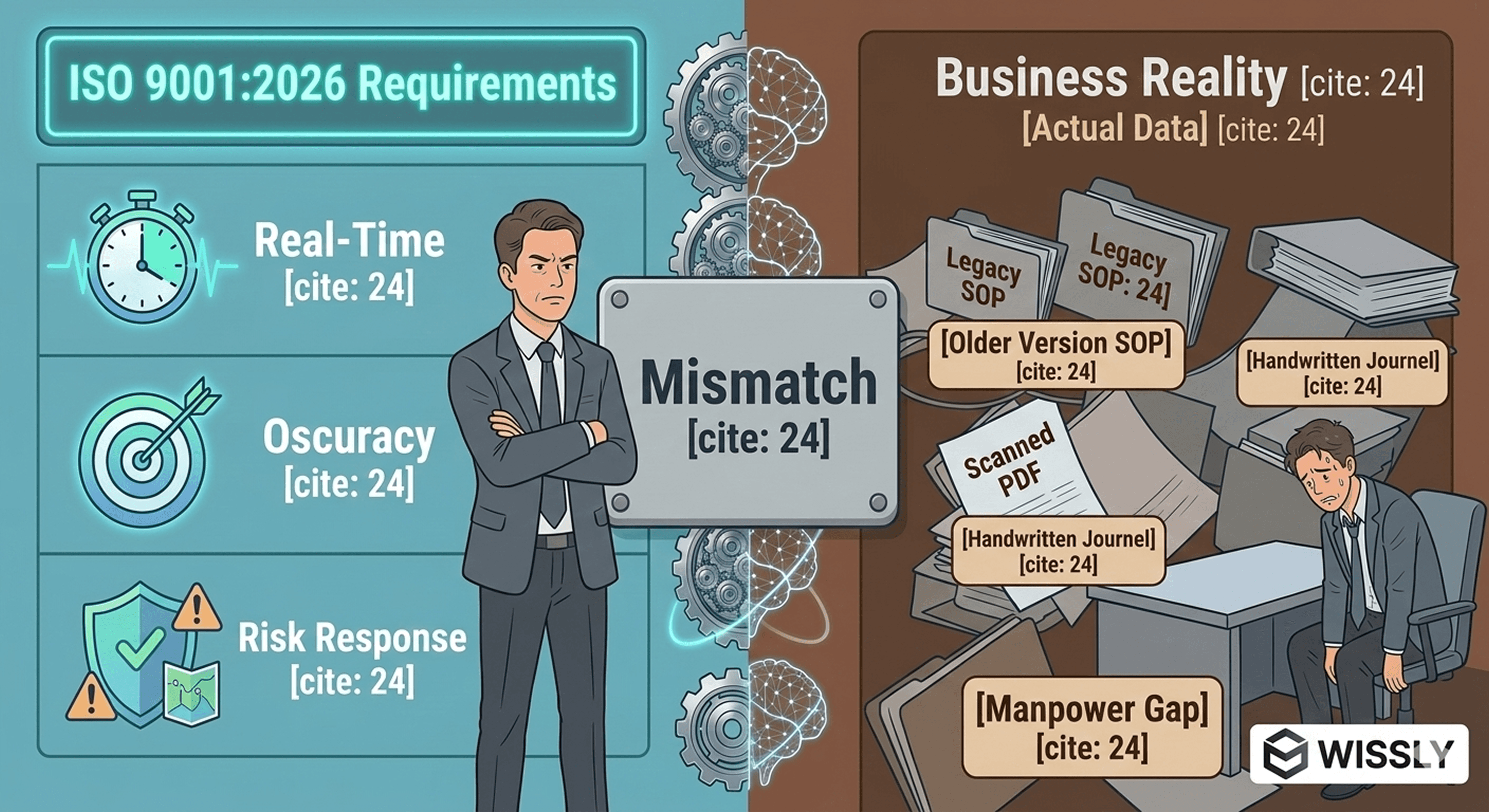 A comparison table showing 'ISO 9001:2026 Requirements (Real-time, Precision, Risk-based)' on the left and 'Corporate Reality (Scanned docs, Version chaos, Talent gap)' on the right, highlighting the "Mismatch."