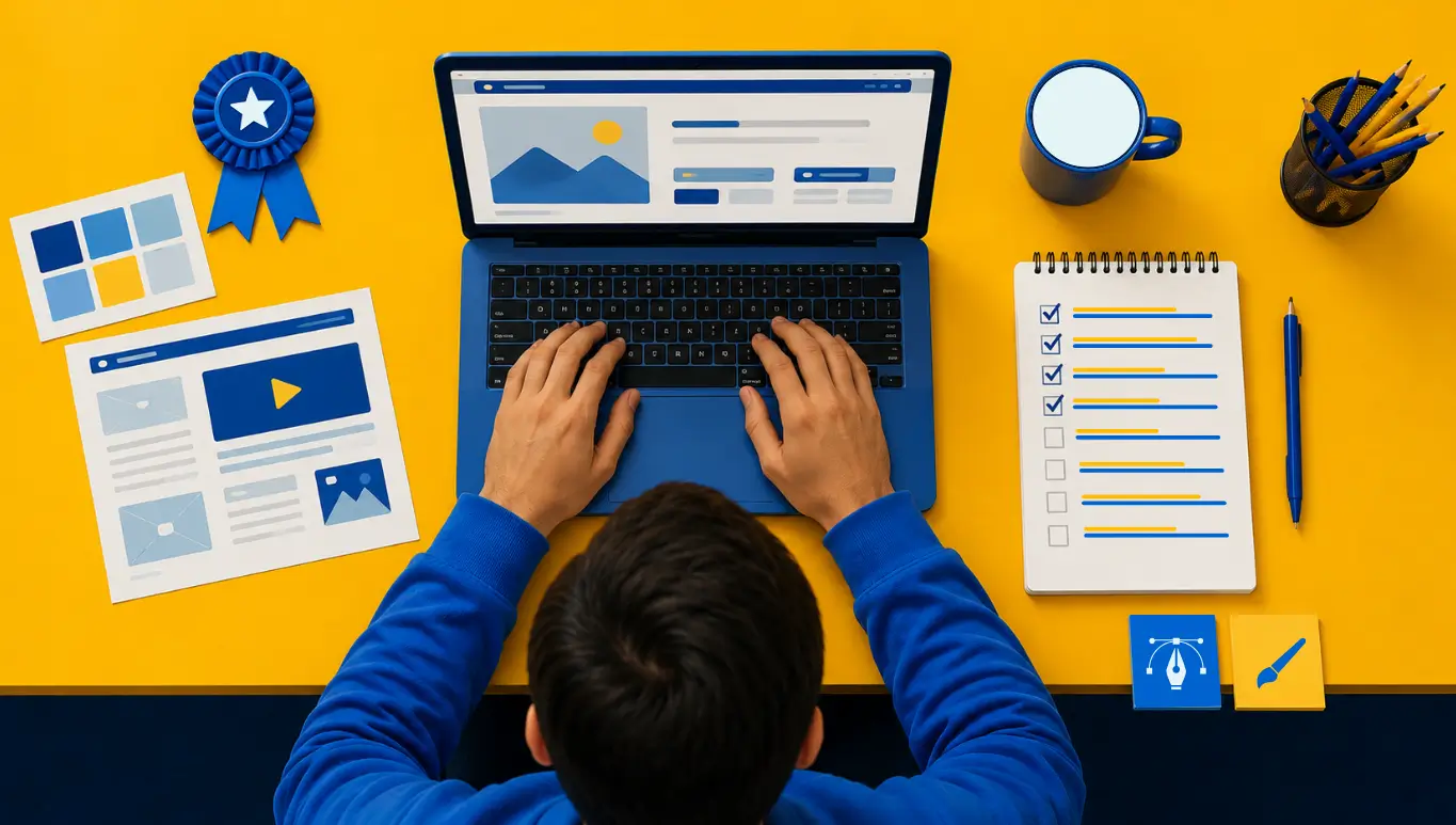 Person working on laptop with checklist and website mockups to rank in AI search