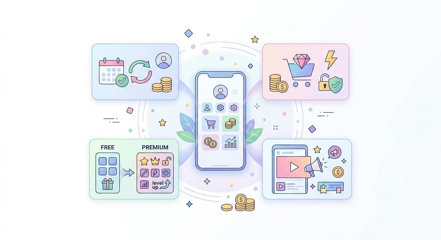 Illustration of mobile app monetization models around a smartphone