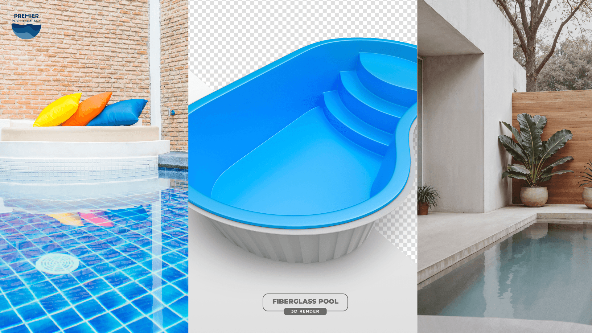 Side by side comparison of vinyl liner, fiberglass, and concrete inground pools highlighting different cost and maintenance levels