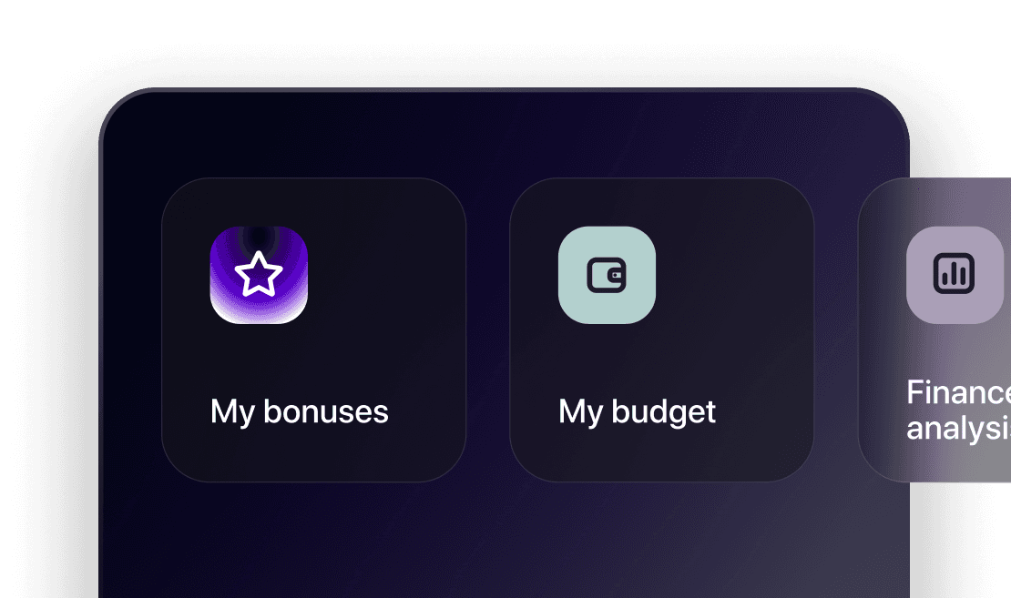 Banking tools interface with bonuses, budget, and financial management options