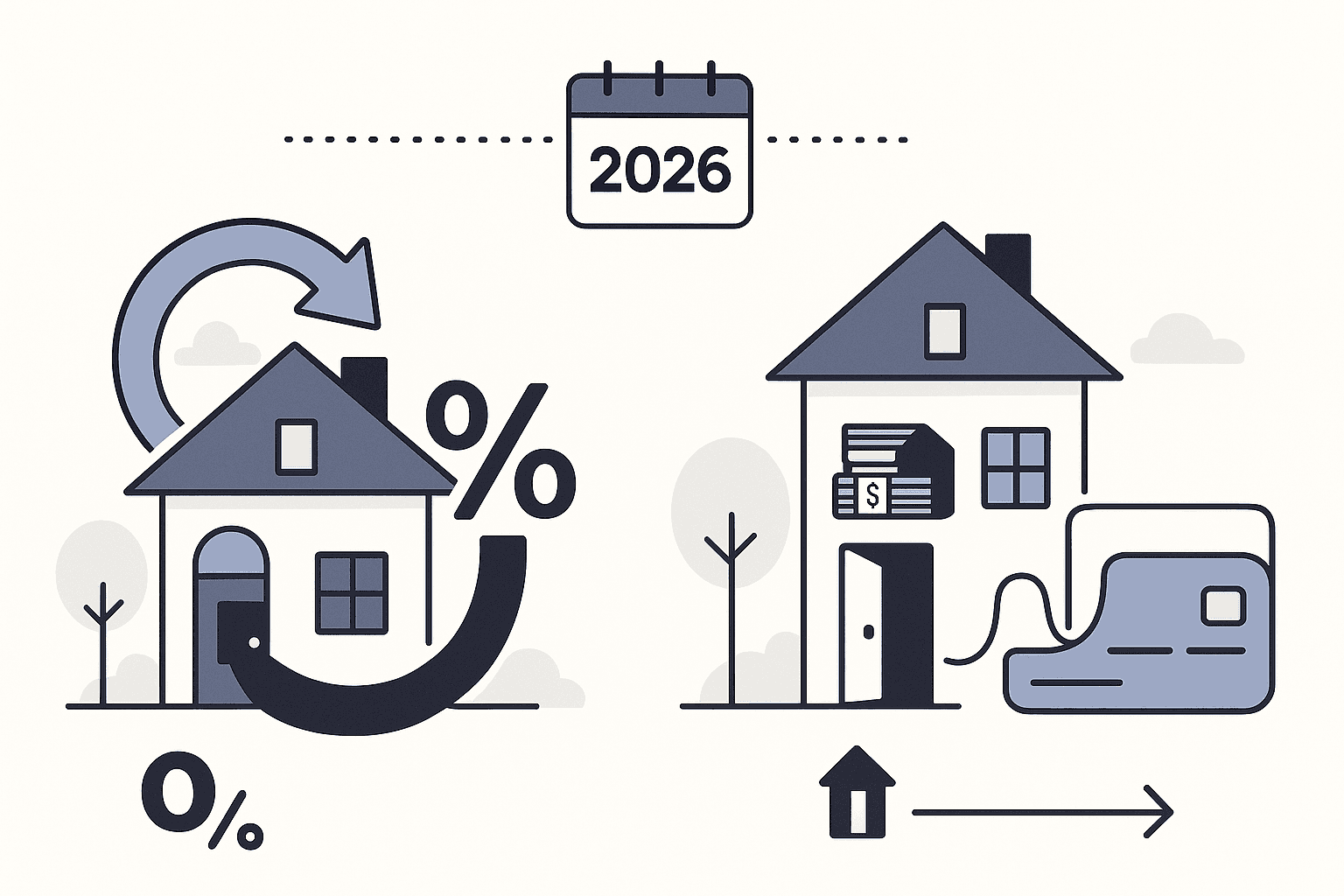 Vector illustration contrasting a 2026 refinance versus a HELOC for tapping home equity or lowering rates