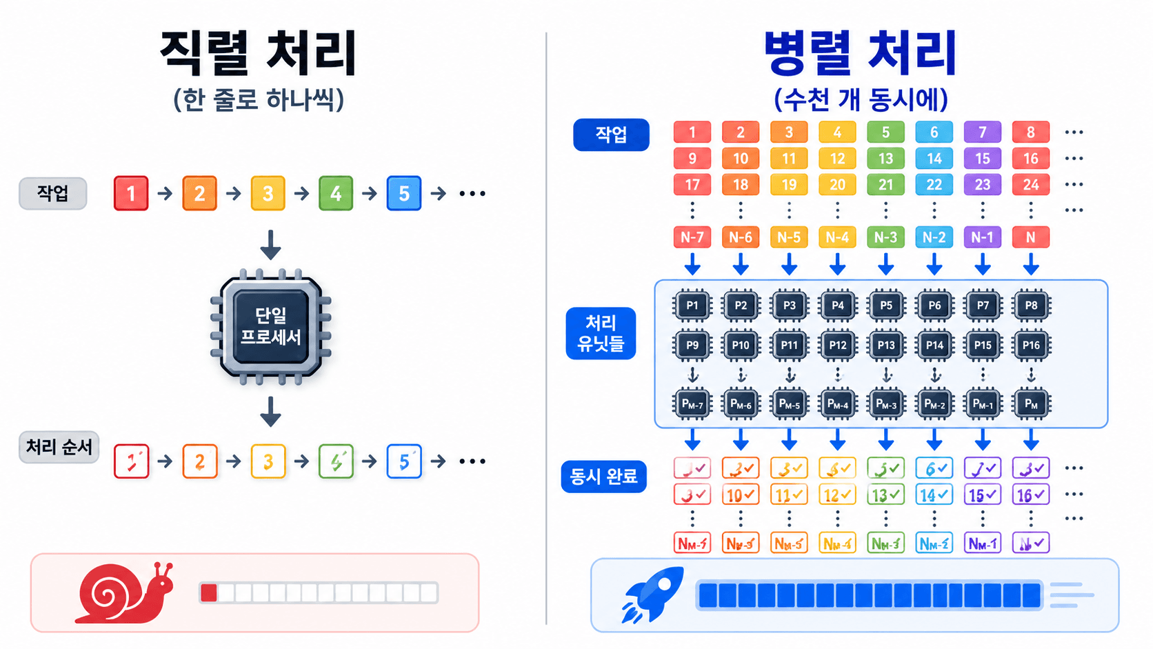 직렬 처리(한 줄로 하나씩)와 병렬 처리(수천 개 동시에)를 대비시킨 비교 일러스트