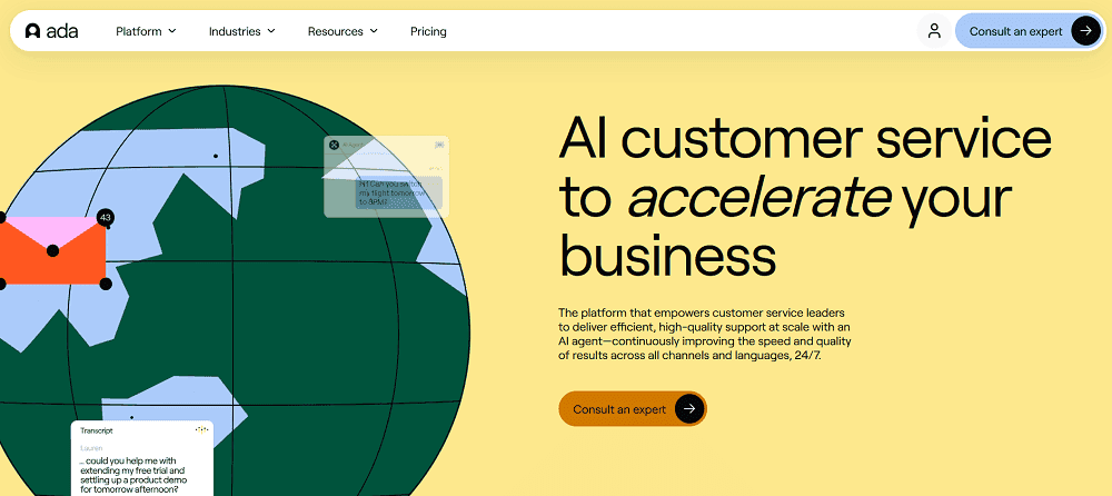 Ada homepage: AI customer service to accelerate your business