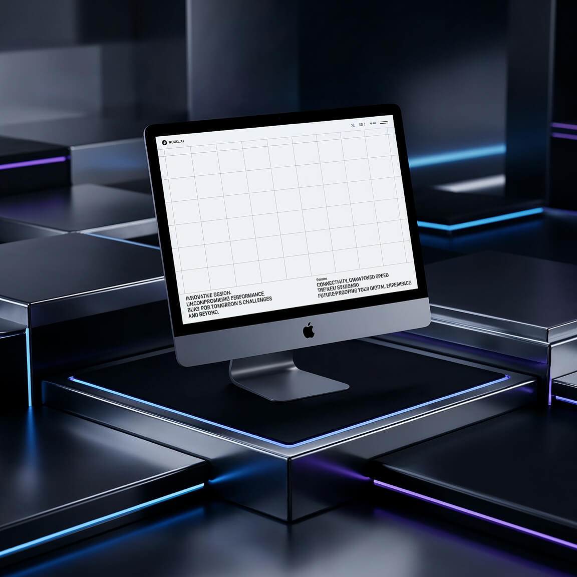 Desktop monitor mockup placed on illuminated geometric blocks with blue and purple lighting in a dark environment.