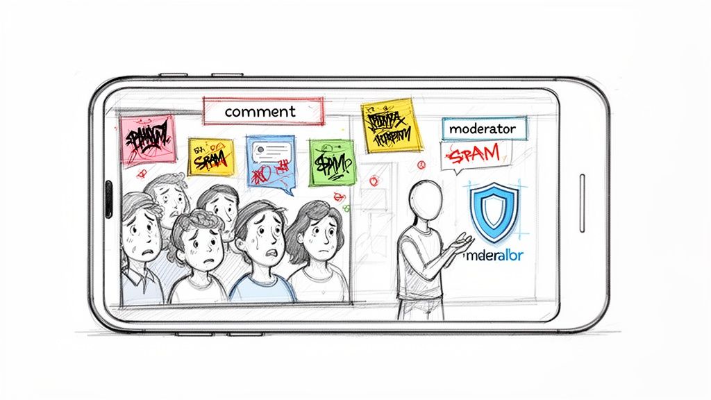 A mobile phone displays distressed users receiving spam and hateful comments, while a moderator with a shield offers protection.