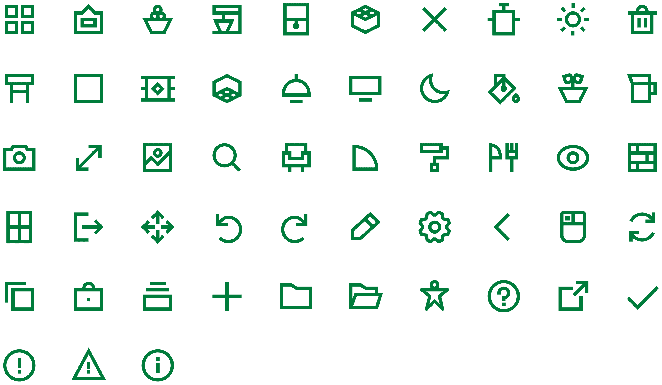 Set of custom green UI icons designed for a 3D kitchen planner, representing tools, navigation, and functionality.