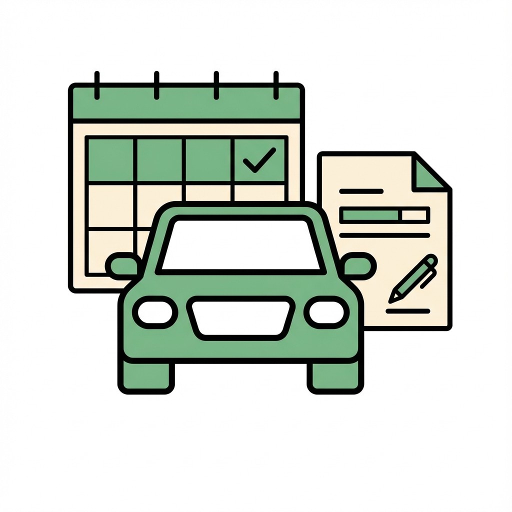 Illustration eines grünen Autos vor einem Kalender und einem Dokument, symbolisch für KFZ-Terminvereinbarungen.