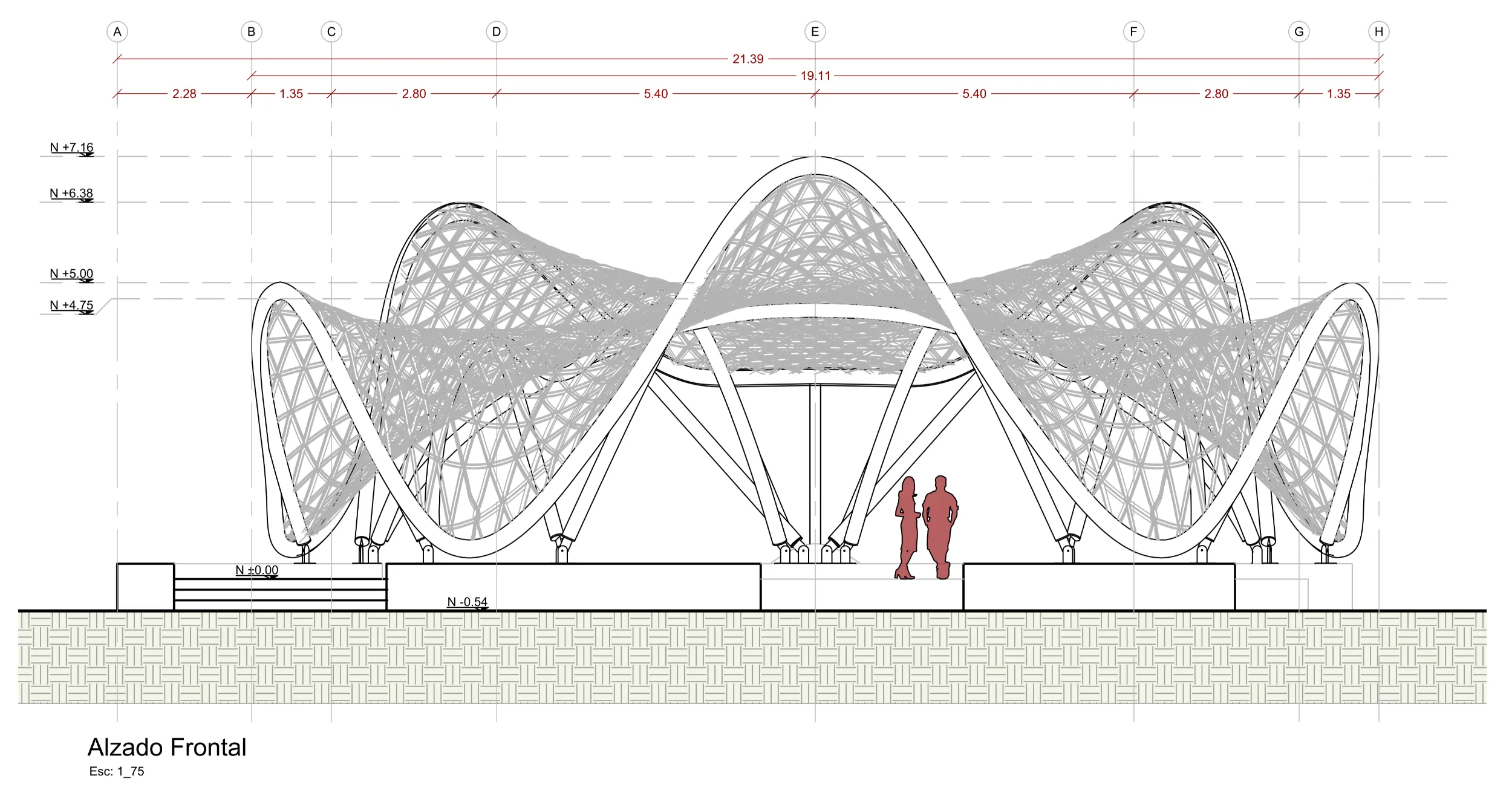 Technical front elevation drawing of the parametric bamboo Yoga Shala in Papagayo, detailing structural dimensions (heights and spans) and the undulating roof geometry.