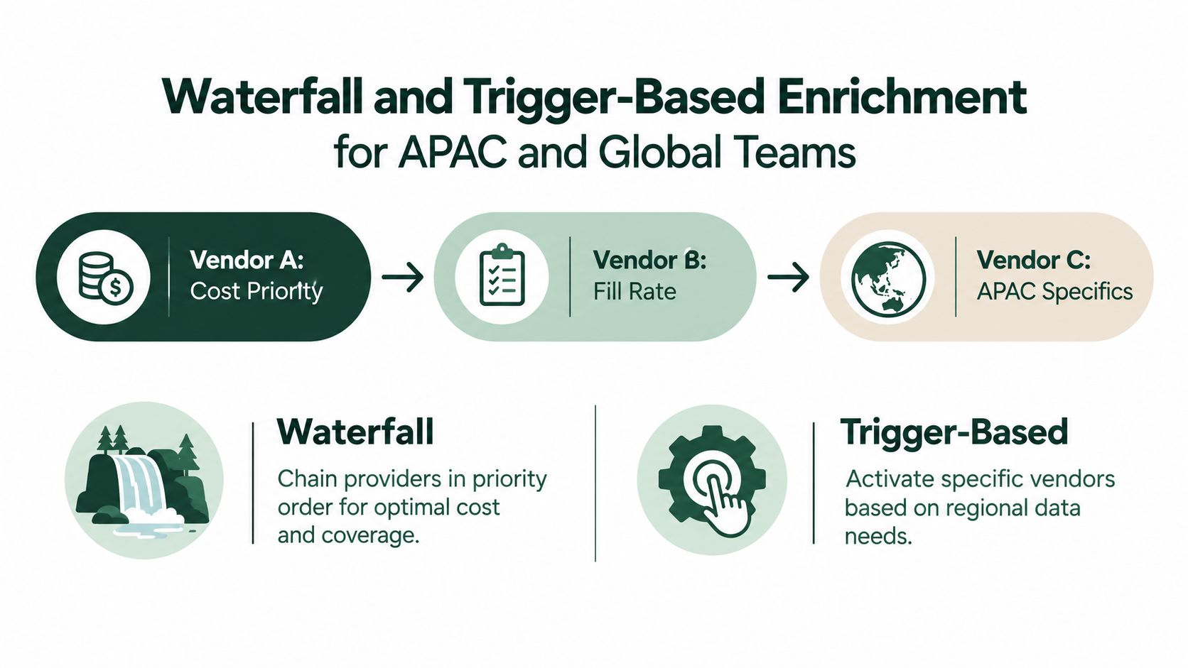 A diagram illustrating a data enrichment workflow using vendor waterfall and trigger-based strategies for global teams.