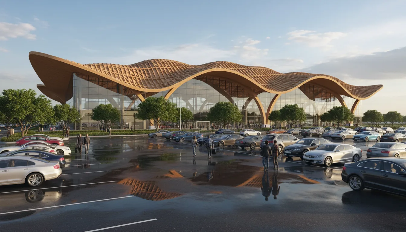 Photorealistic 3D architectural visualization, a Twinmotion-style render of a modern terminal with a massive, undulating parametric roof made of warm laminated wood and a glass curtain wall facade. The scene is viewed from a wet asphalt parking lot with realistic reflections and puddles, filled with modern cars. The lighting is soft global illumination from a late afternoon sun, creating a warm glow and long shadows under a blue sky with scattered clouds. Small groups of people are walking towards the building entrance, with lush trees and grass in the midground. Eye-level shot, hyper-detailed, high-quality render.