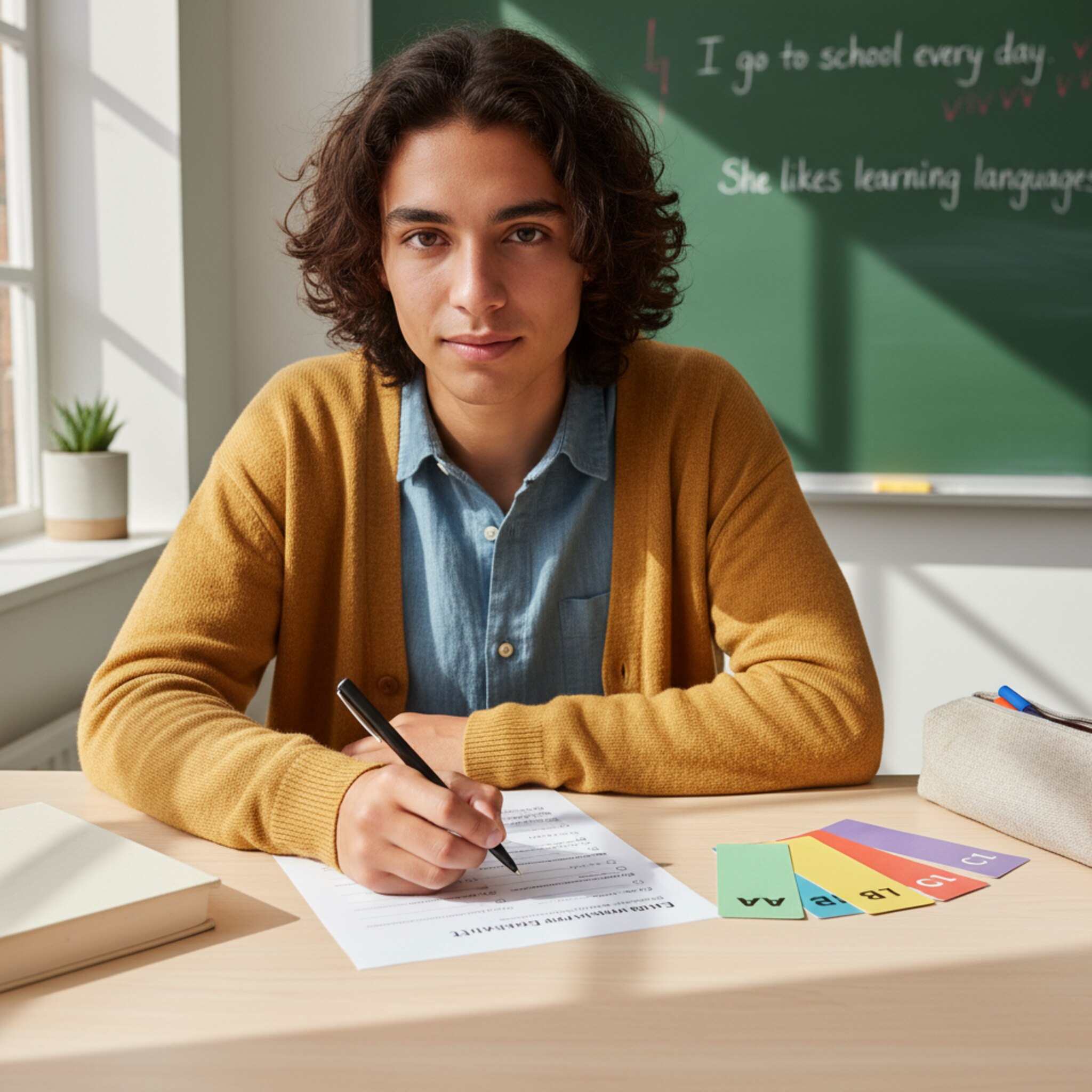 Auf einem hellen Tisch liegt ein ausgedruckter Einstufungstest neben farbigen Niveaukarten. Ein Schüler füllt konzentriert die letzte Seite aus, der Stift ruht kurz. Im Hintergrund steht eine Tafel mit einfachen Beispielsätzen. Die Szene wirkt geordnet, aufmerksam und freundlich.