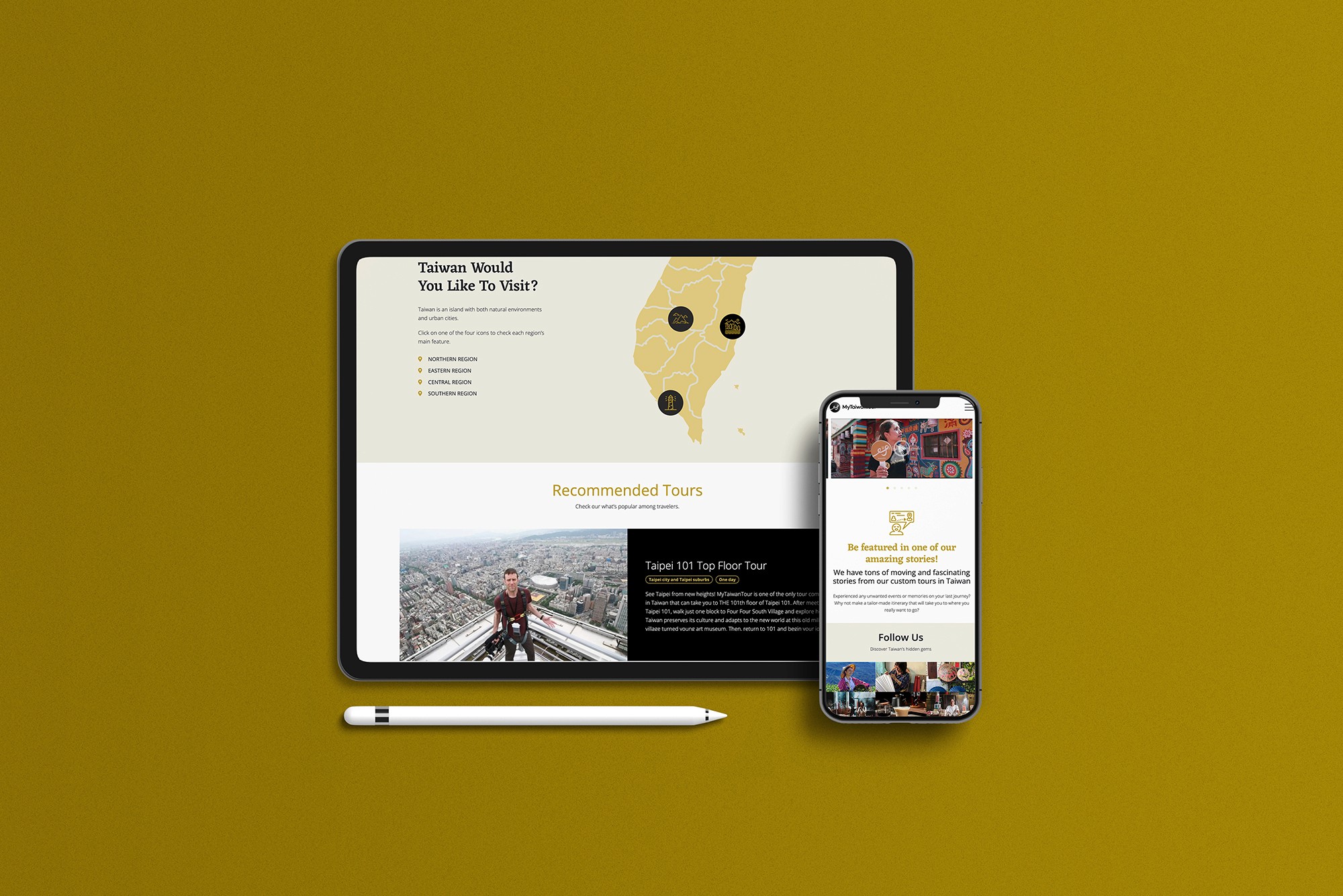 這張圖像展示了 MyTaiwanTour 的網站在平板和手機上的效果,畫面則顯示台灣各地區旅遊的頁面,包含地圖和推薦行程。