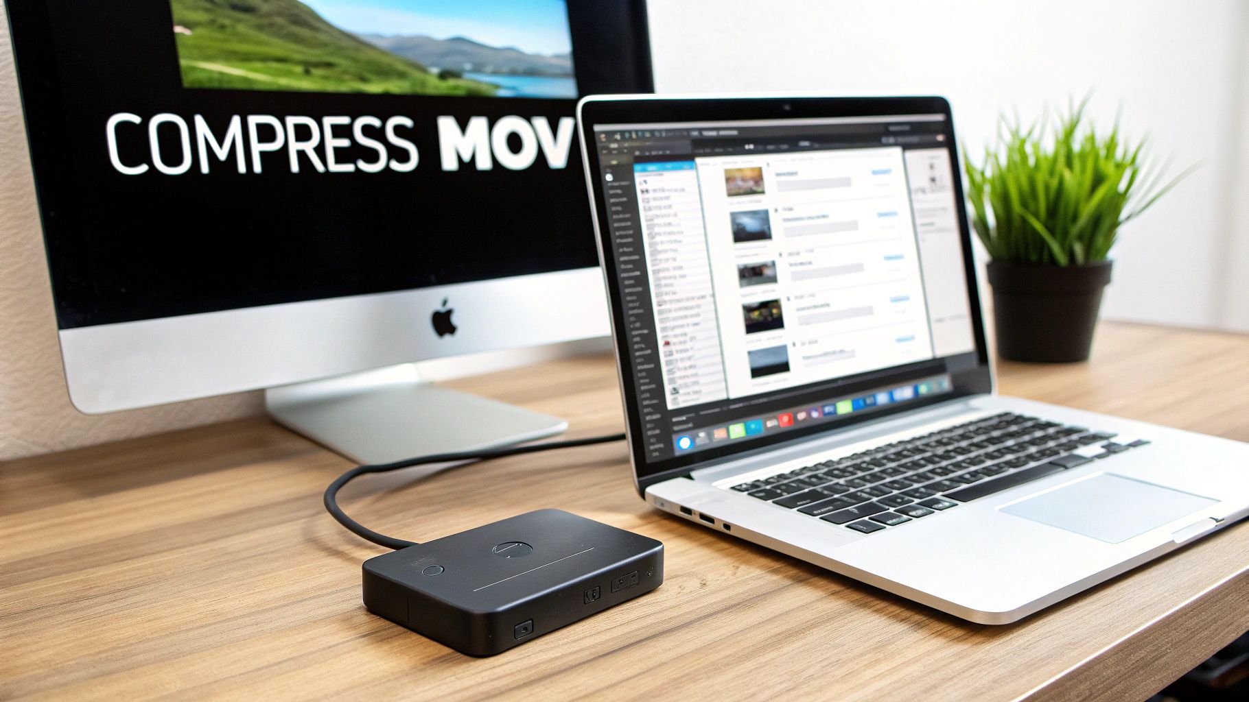 A collage of video files being organized on a computer, visually representing the process of compression