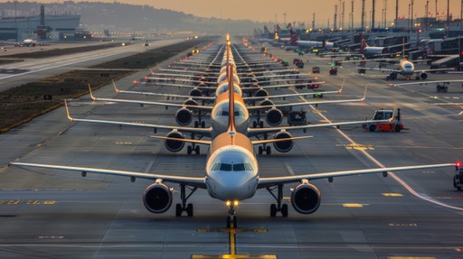 Multiple aircraft in perfect alignment on a runway, preparing for takeoff at a busy airport.