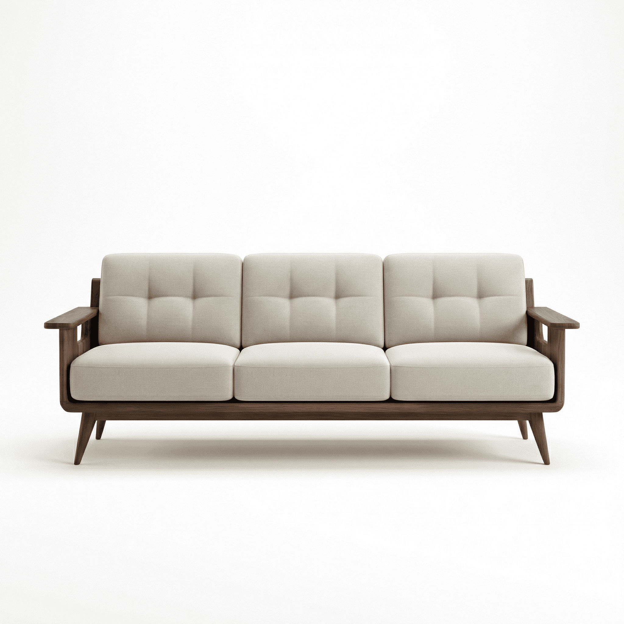 Three‑seater cream upholstered sofa with tufted back cushions and wooden arm frame