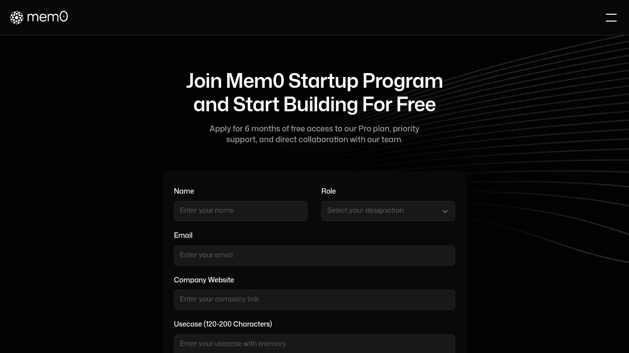 Mem0 startup program page showing free access to advanced memory features for AI agent development